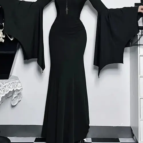 Women's Solid Color Ruched Mermaid Maxi Bodycon Fitted Dress, Chic Elegant Formal Sweetheart Neck Batwing Long Sleeve Evening Party Gown, Fall & Winter Clothes, Womenswear