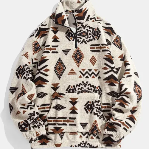 Men's Ethnic Pattern Zip Up Plush Sweatshirt, Casual Long Sleeve Pocket Collared Pullover for Winter, Fashion Men's Clothes for Daily Wear, Fashionable Sweatshirts