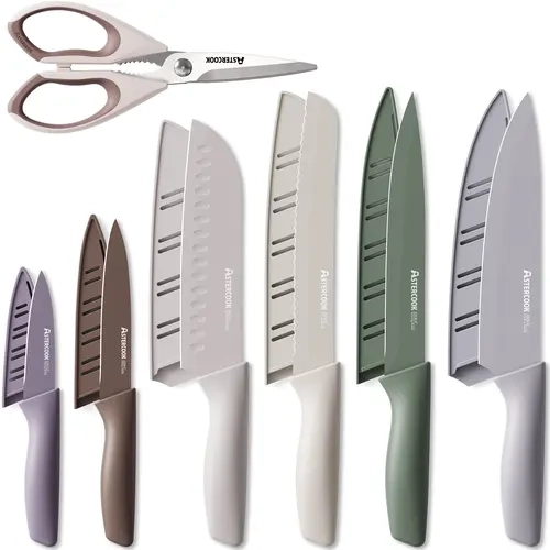 Astercook 7-Pcs Kitchen Knife Set with Colorful Plastic Rectangular Block - Ergonomic Handles, Rustproof Coating, Durable Stainless Steel Blades, Safe Guards for Modern Home Cooking Prep (kitchenknifesets, knives)
