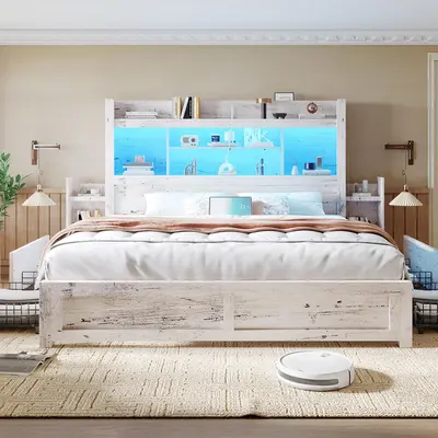 [Summerwins]【Ships in 2 Boxes】AMERLIFE Bed Frame with 49.6" Bookcase Headboard & 2 Bedside Stoage Racks & 4 Drawers, Farmhouse Wood Bed Frame with RGB LED & Charging Station,Best Gift Ideas/Christmas Gifts