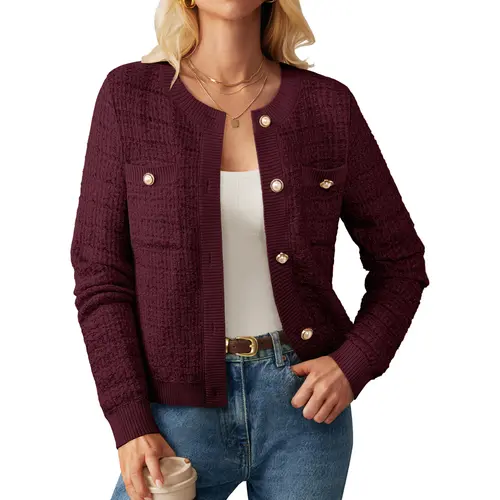 【GRACE KARIN】Women's Classical Thick Fabric Open-Front Button-Down Long-Sleeve Textured Knit Cardigan with Pockets, Crew Neck Tops for Work, Party, Textured Knit Pattern
