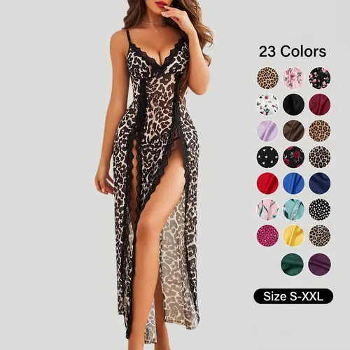 Avidlove Women's Lace Nightgown Leopard  Mesh Chemise with V-Neck & Side Splits Fitted Loungewear for Comfortable Wear Soft Lightweight Lingerie  All-Season Loungewear SpringStatements Slip Dresses Womenswear Nightwear Spaghetti Strap Floral Elegant Gifts