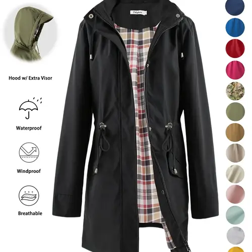 Women's Solid Color Drawstring Zip Up Hooded Trench Coat Raincoat, Casual Long Sleeve Waterproof Windproof Breathable Outerwear for Spring & Fall, Ladies Clothes for Daily Wear
