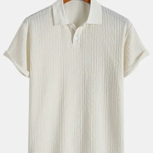 Men's Plain Textured Jacquard Knit Buttons Polo Shirt, Regular Fit Fitted Casual Short Sleeve Top for Summer, Classic Fashion Men's Clothes for Daily Wear, Menswear, Button Down Polo, Knitted Shirt