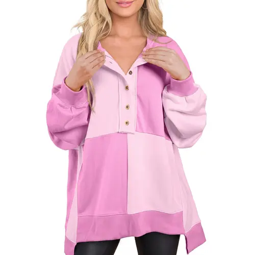 Shewin Women's Waffle Knit Long Sleeve Oversized Sweater - Baggy Crew Neck Pullover Tops, Casual Knitwear Clothes for Women with Half-Button, Side Split, Exposed Seam, Easy Layering, Back to School