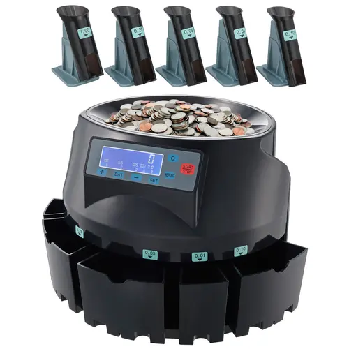 【toolupgrade】VEVOR Digital USD Money Counting Machine - 300 Coins/min Fast Speed, LCD Display, 2000-Coin Capacity, 5 Bins & 5 Tubes for 1c,5c,10c,25c,$1, Counting Quarters Machine for Cash Register