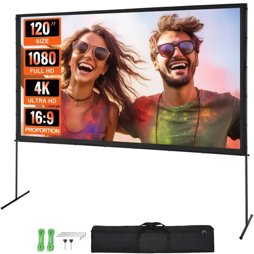 VEVOR 120in 16:9 Polyester High Definition Projection Screen with Stand, Wrinkle-Free Front/Rear Projection, Full HD 4K 1080p, Bar Feet, Carry Bag, Ground Stakes & Ropes, Stable Reliable Portable for Home Use Outdoor Movies