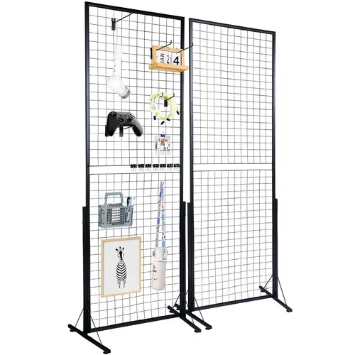 VEVOR 2'x5.6' Hangable Grid Wall Panel Tower Set, 2-Pack Floorstanding Wire Gridwall Display Racks with T-Base, Double-Side Panels for Art Craft Shows, Retail Decor & Photo Display, Easy Installation with Extra Clips & Hooks