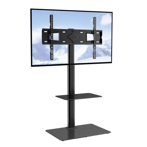 VEVOR Sturdy Swivel Mount TV Stand, 32-65 Inch TV Stand Compatible, Height-Adjustable Portable Floor Unit with ±30° Angle Adjust, 0.4" Tempered Glass Base, Cable-Neat, 10min Wallfree Set, 90lb Capacity Shelf for Bedroom, Living Room