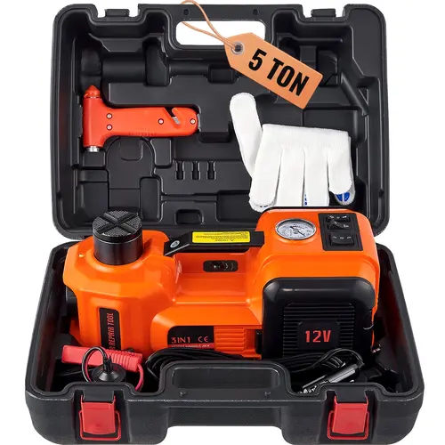 VEVOR 5T/11023LBS 12V Electric Hydraulic Roadside Vehicle Jack, 12V Car Power for Quick Roadside Use, 13Ft Power Cord, Built-in Inflatable Pump, LED Light, Tire Pressure Function, Hydraulic Seal, 2min 17.7" Lift, Stable for SUV/Sedan, At-Home Repairs Tool