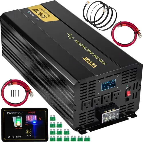 VEVOR 5000W Pure Sine Wave Off-Grid Power Inverter - DC 12V to AC 120V, 10000W Surge Start, LCD Display, USB Port, Remote Controller, AC Outlets, Overheat Protection, 12x40A Fuses, 4xBattery Cables, 20-40dB Noise, for Car/RV, Powers Home Appliances, 12 X,