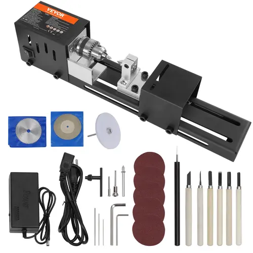 VEVOR Tool Upgrade Compact Lathe Machine - 2.76x6.3in, 24VDC 96W Motor, 7-Speed 4220-8450 RPM, Aluminum Alloy, Steel Headstock, Vibration Reduced Complete Tools Kit Set with Milling Accessories, Allen Wrench, Adapter, Power Cord for DIY Woodworking