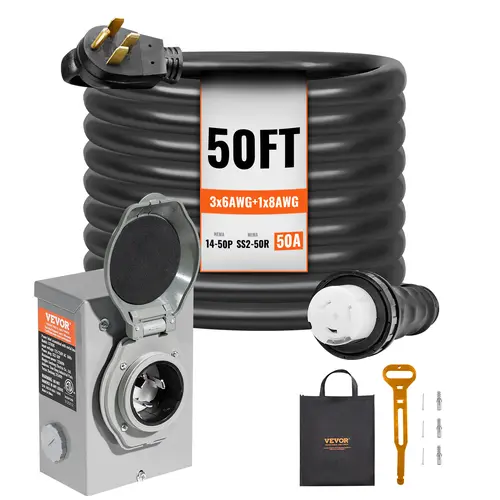 【toolupgrade】VEVOR 50A Generator Cable & Outdoor Power Inlet Box Kit, NEMA 14-50P/SS2-50R STW 6/3+8/1 AWG Pure Copper Twist-Lock Plug, Pre-Drilled Box Saves Time, Rust-Resist, Flame-Retard PVC, ETL Listed, Heavy-Duty, with Storage Bag