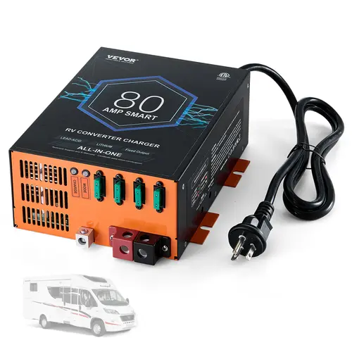VEVOR 80A Metal Body RV Power Converter Charger, 110V AC Power Supply to 12V DC, 4-Stage Smart Charge, 13V-16.5V Adjustable Operating Range, Lithium Ion/Lead Acid Mode, 75Ah-80Ah Compatibility, Advanced Protection Features, Inverter System for RVs