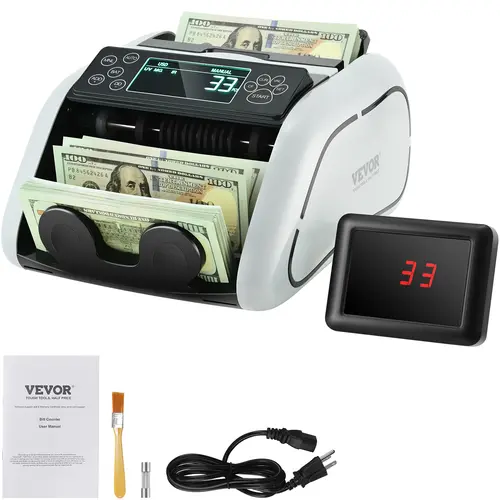 VEVOR Cash Counter Machine with UV, MG, IR & DD Counterfeit Detection, Dual Screens (LCD Display, Large External Display), Power Cord, Cleaning Brush, Auto/Manual Counting, Add Function, <60db Noise Level for USD/EUR Bills, Small Businesses