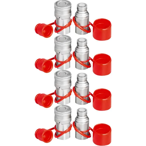 VEVOR Stainless Steel Universal Hydraulic Quick Coupler Set (4 Pairs) - 1/2 Body, 1/2 NPT Threads, 27.6 MPa Rating, 45.5 L/min High Flow Rate, Kubota Compatible, Push Locking-Pull-to-Disconnect, Simple Fast Setup, 0 Fluid Loss, 0-Leak Seal, Dust Caps