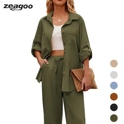 Zeagoo Live  Women 2 Piece Linen Sets Button Down Shirt and Drawstring Long Pants Set Summer Outfits Halloween