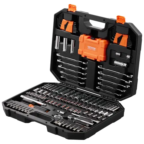VEVOR 145 Pcs Mechanics Toolkit - 1/4"-&3/8"-Drive Deep/Standard Sockets, SAE/Metric Sets, Combination Wrenches, Hex Wrenches, Anti-Slip Groove Accessories & Storage Box for Car Tools, Tools for Cars DIY Maintenance