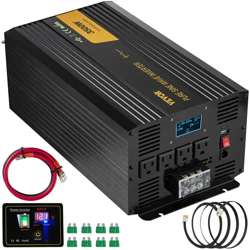 VEVOR 3500W Max Pure Sine Portable Power Inverter, DC 12V to AC 120V for Car/RV Use, with 4 AC Outlets, USB Port, LCD Display, Remote Controller, GFCI, Bluetooth, Overheat Protection, 2 Battery Cables, 8 x 50A Fuses, 9.8 ft-3 m Length Cable (3m)