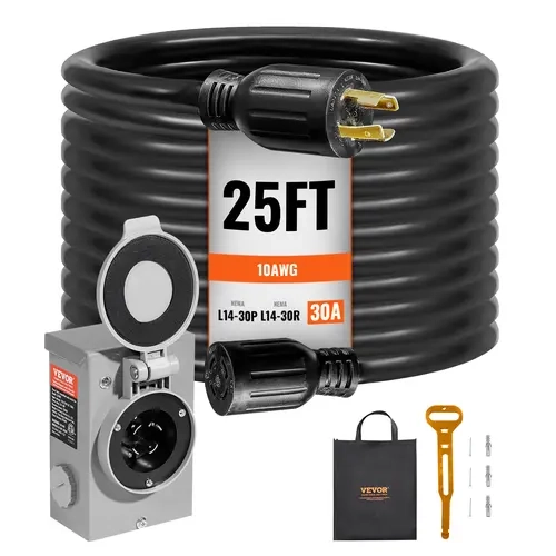 【toolupgrade】VEVOR Heavy-Duty 30A Generator Cord & Power Inlet Box Kit, 25FT NEMA L14-30P/L14-30R STW 10AWG Copper Wire Extension Cord with Twist Lock Connector, Rust-Resist Pre-Drilled Box (Speeds DIY Setup), ETL Listed for RV Outdoor Use, W/Storage Bag