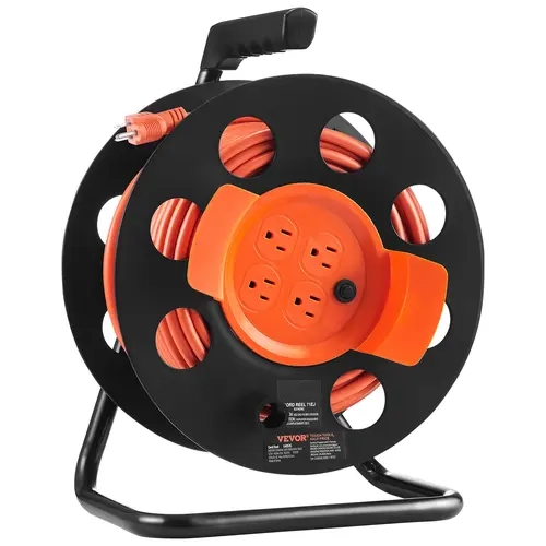 VEVOR Manual Retractable Extension Cord Reel (Tool Upgrade), 100 ft Durable 12AWG SJTOW Wires, 4 Outlets, Dust Covers, Portable Handle, 15A Overload Cut Circuit Breaker, UL-Tested, Easy to Store for Garage, Outdoor Home Improvement Power Tools & Lights