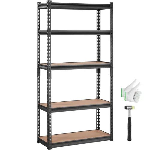【toolupgrade】VEVOR 5-Tier Heavy-Duty SPCC Steel Garage Shelf, Carbon Steel Frame Strength Flexible Configuration Shelving & Storage Unit, 2000 lbs Capacity 18×36×72 in, Rubber Feet for Scratch-Safe Floors - Black (for Garage, Pantry)