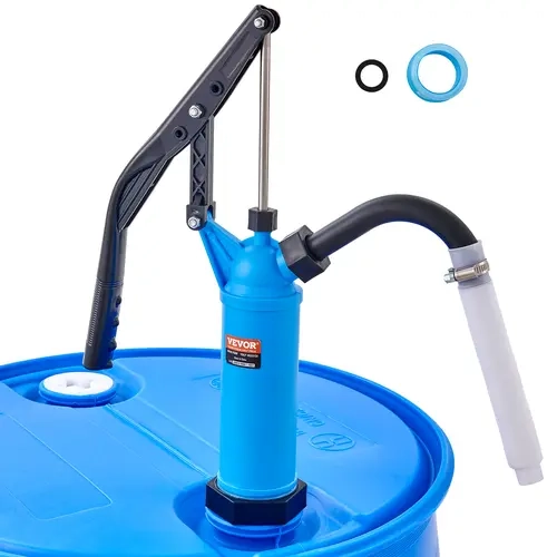 【toolupgrade】VEVOR Ergonomic Handle Manual Pump, Lever-Action, 9.5 oz Per Stroke, Universal Fit for 5-55 Gal Drums, 3-Section Suction Tube, 35.4" Deep Tube, Hose, Hose Clamp, PTFE Tape, 1.5"/2" NPT Universal Threading, Transfers Water, Alcohol