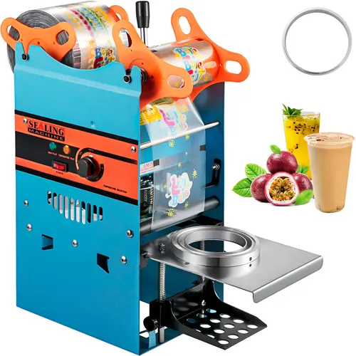 【toolupgrade】VEVOR Manual Boba Tea Sealer - Durable Carbon Steel Kitchen Vacuum Sealer for Bubble Milk Tea & Beverages Factories, Handheld Lever, Adjustable Tray, 90/95 mm Cup Diameter, Heating Tech, Max 500 Cups/hr, Blue