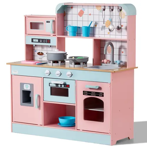 VEVOR Toddler Kitchen Playset, Realistic Wooden Pretend Play Set with 18.8" Counter Height, Lights & Sounds, Ice Maker, Oven, Sink, Basin, Fridge, Bowl, Spoon, Cutting Board & Pretend Cooking Utensils, Kids Gift for 3-8 Yrs