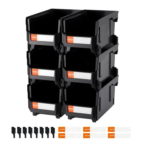 VEVOR Heavy Duty PP Rectangle Sturdy Organiser Boxes with Label Stickers, Front-Open Easy-to-Clean Stackable Bins for Small Parts, Office Supplies, Bathroom Storage (Black)