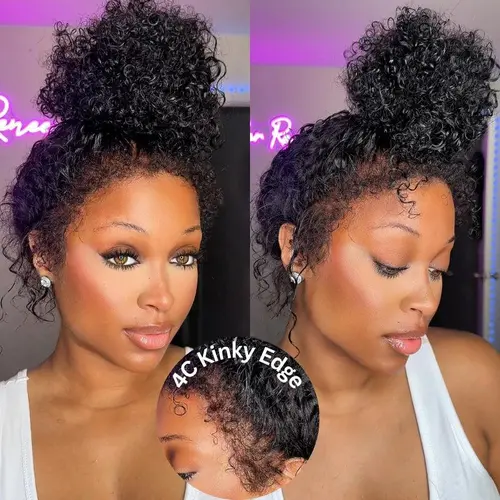 【 Realistic Newborn Hairline 】Kinky Curly Invisi Strap Snug Fit 360 Transparent Lace Frontal Bleached Knots Pre Cut Lace Wig With Drawstring