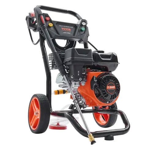 VEVOR 7 HP High Pressure Washer, 3600 PSI 2.6 GPM Copper Pump Gas-Powered Unit, Portable with 10-Inch Wheels, 26 ft Water Hose, Spray Gun Set, Extension Wand, 5 Quick Connect Nozzles for Heavy Duty Cleaning, Back Yard Use