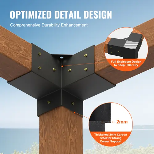 VEVOR 4 Steel Pergola Brackets Complete Kit, 4"x4" Carbon Steel 3-Way Heavy Duty Brackets with 90° Boot Stability, Corrosion-Resistant Drain Holes, 80 Self Drilling Drill Tail Screws, Quick DIY Assembly, 3.6"x3.6" Inner Beam Base for Gazebos Woodworks
