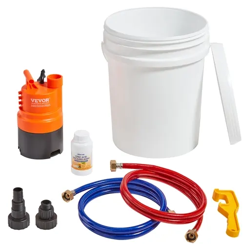 VEVOR Instant Tankless Water Heater Flushing Kit, 5gal Pail, Plastic Submersible Efficient Pump, 2 Hoses, Descaling Powder, Wrench, Adapter, 16ft Head Pressure, Quick Install, Simple Installation, Waterproof Home Maintenance Supplies