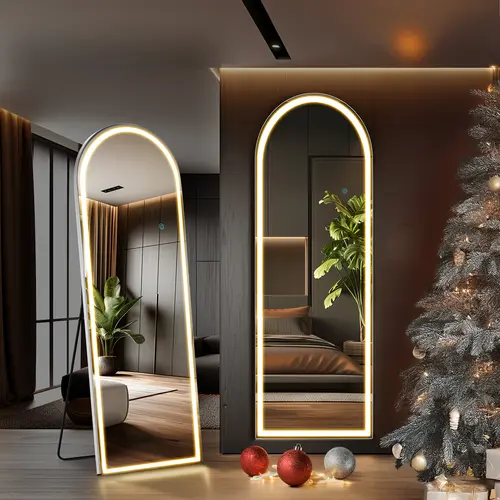 Modern Minimalist Full Length Mirror - Aluminium Alloy Frame, 200-LED Bright Glow Lighted Glass, Home Decorative Wall-Mountable, Adjustable Dimming, 3 Color LED Lighting, Home Supply