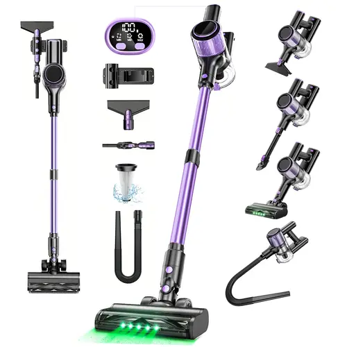 VICEASE Cordless Battery-Powered Portable Lightweight Stick Vacuum Cleaner, 3 Power Modes, 3 Charging Options, Anti-Tangle Brush, Green LED Light, 10-in-1 Design, 450W Motor, 33kPa Deep Clean, Up to 45-Min Runtime, for Hard Floors, Carpets, Pet Hair