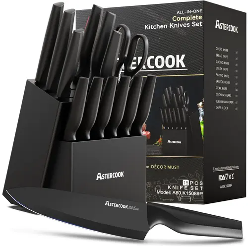 Astercook 14-Piece High Carbon Stainless Steel Knives Kitchen Set - 6 Steak Knives, Chef Blade, Bread-Cutting Edge, Cutting Utensils, Gift-Ready Hardwood Block (Plain/Serrated Blades)
