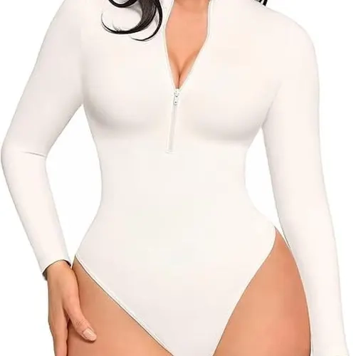 FeelinGirl Long Sleeve Bodysuit for Women Mock Turtle Neck Body Suits Zip Up Design Black Bodysuit Shirts fall  Soft  Breathable Fabric Nylon  Womenswear Collarl livestream#4