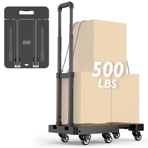 [fathersdaygift] TOOLIOM 500lbs Heavy Duty Folding Hand Truck | 6-Wheel Portable Foldable Dolly with Extendable Base | Collapsible Luggage Cart for Travel, Moving & Office | Includes 2 Elastic Ropes