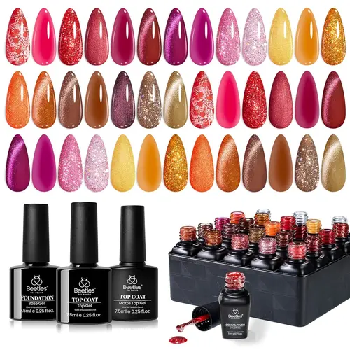 Beetles Fall Glossy Aesthetic Gel Nail Polish Multi-Pack Gift Set - 20x5ml Glitter Sheer UV LED Soak Off Gels (Red,Orange,Yellow,Golden,Chocolate Brown) for Nail Care,Thanksgiving,Gift for Her,Glowup,DIY Manicure
