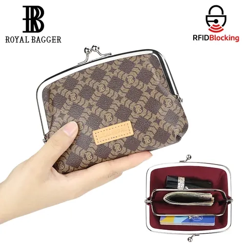 Royal Bagger Casual 100% Leather Women's Anti Theft RFID Shielded Card-Sized Wallet - Kiss Lock Coin Pouch, Tames Loose Cash, Golden Logo Center, Durable Retro Chic Clutch, Anti Theft Wallet