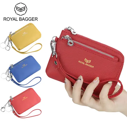 Royal Bagger Women's Minimalist Chic Genuine Leather RFID Coin Purse with Keychain 1903-1, Multi-Zipper Clutch Wallet, Portable Athletic Holiday Wristlet Card Holder with Removable Strap, Wallets for Women, Anti-Theft, Casual,sohochic