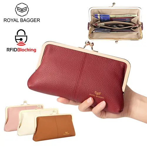 Royal Bagger Women's RFID Shielded Genuine Leather Solid Color Exquisite Cardholder - Durable Fashion, Fashion Leather, Handbags Wallet, Multi-Card Slots, Kiss Lock Clutch Purse, Korean Cute Gift Accessory (1468)