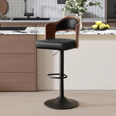 Swivel Bar Stools Set of 1/2 Seat Adjustable Height 24.5-33.5IN, Wooden Barstools PU Leather Upholstered Bar Chairs with Back & Footrest for Bar Kitchen Dining Room