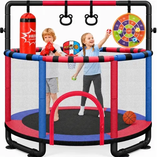 Dartboard】Dripex 55" Trampoline for Kids with Enclosure, 6-in-1 Toddler Trampoline Indoor Outdoor, Upgrade Full Anti-Rust Tube with Adjustable Gymnastics Bars for Boys Girls