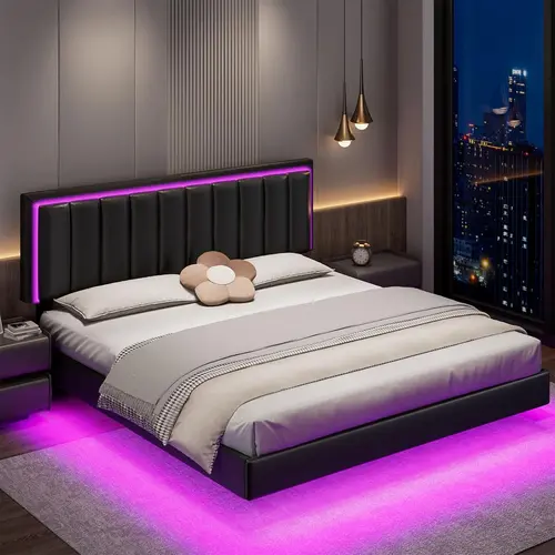 [Summerwins] HOMBCK Floating Bed Frame with LED Lights, No mattress, Solid Wood Slats Support, No Box Spring Needed, Noise-Free, Easy Assembly #summer garden,fathers day gift ideas