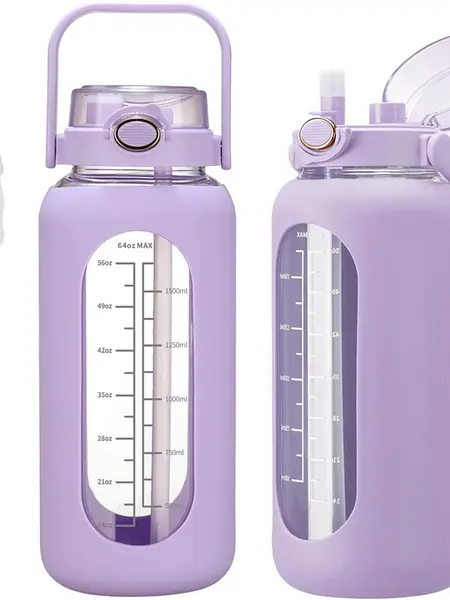 【WINSA】 64oz Glass Water Bolttles with Straw Half Gallon Large Motivational Water Bottle with Time Marker Sports Water Bottles with Silicone Sleeve and Handle Lid Water Jug for Gym Workout Leakproof Bpa Free Bottled Drinkware Cup