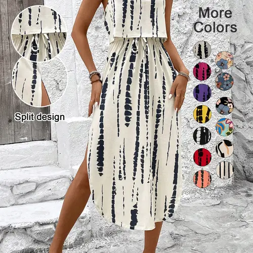 Women's Summer Tie-Dye Spaghetti Strap Sleeveless Dress, Split Thigh Fitted Long Dress, Casual Vacation, Multicolor Floral Print, Casual Wear