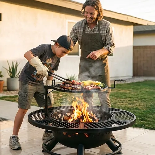BALI OUTDOORS 2-in-1 Wood Burning Fire Pit with Removable Cooking Grill Black Ultra-Durable Iron Grate 360-Degree Rotation Adjustable Height for Heating and BBQ Patio Fire Pit Fire Pit Set