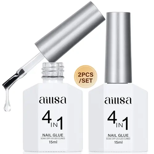 AILLSA 4 in One Nail Glue Base Coat Nail Polish Set Brush On Gel Nail Glue 2*15 ml for Rhinestone, False Nails, Base Gel, Chrome Nail, Acrylic Nail Tips UV Light Need, High Capacity Gel Extension Brush On Nail Glue Fall Nail Trend 2024 Gift for Women